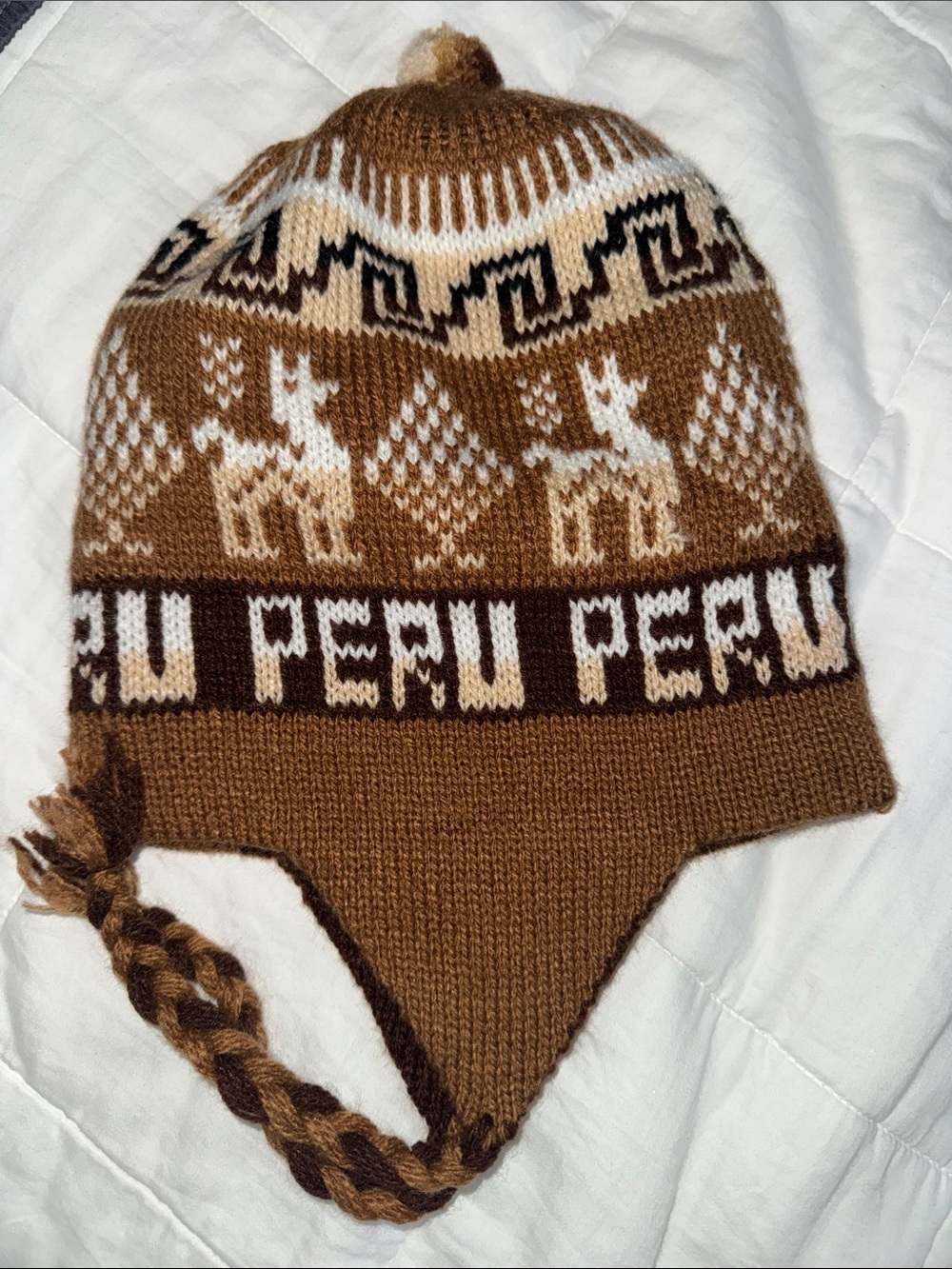 Peru Knit Earflap Beanie with Llama Motif - Brown & Cream for kids